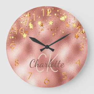 Rose gold metal monogram script large clock