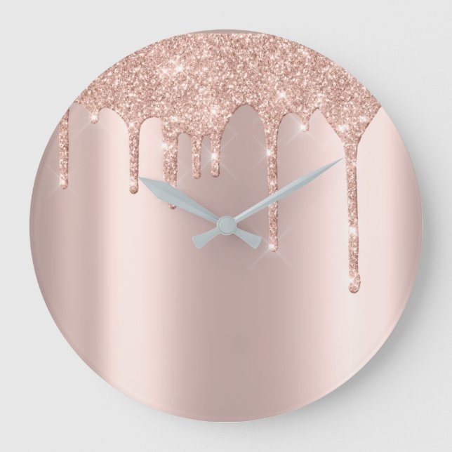 Rose Gold Metal Spark Glitter Drip Blush Glitter Large Clock (Front)