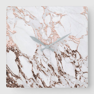 Rose Gold Metallic Copper  Marble Stone Minimal Square Wall Clock