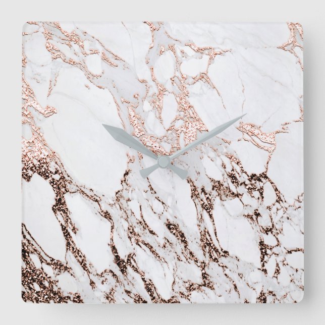 Rose Gold Metallic Copper  Marble Stone Minimal Square Wall Clock (Front)