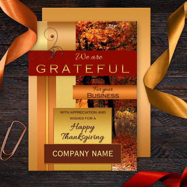 Rose Gold Metallic Corporate Thanksgiving Card (Business Thank You elegant gold metallic and rose gold stylized card with colorful fall forest)