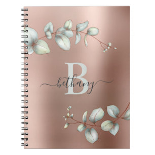 Rose Gold Metallic Eucalyptus Botanical Monogram Notebook