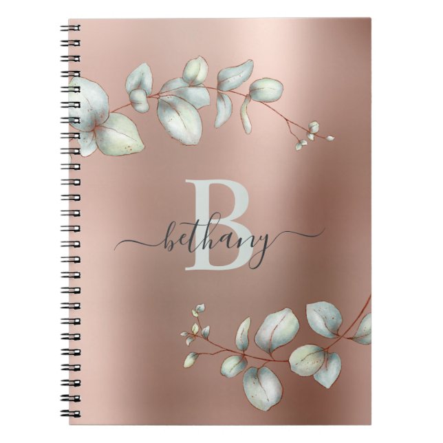 Rose Gold Metallic Eucalyptus Botanical Monogram Notebook (Front)