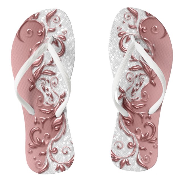 Rose Gold Metallic Floral & White Glitter Thongs (Footbed)