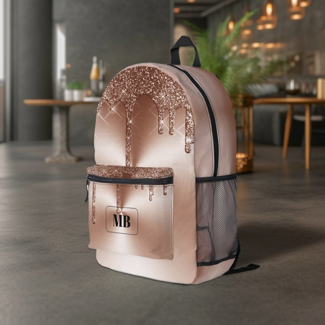 Rose Gold Metallic Glitter Drip Monogrammed Printed Backpack (Creator Uploaded)