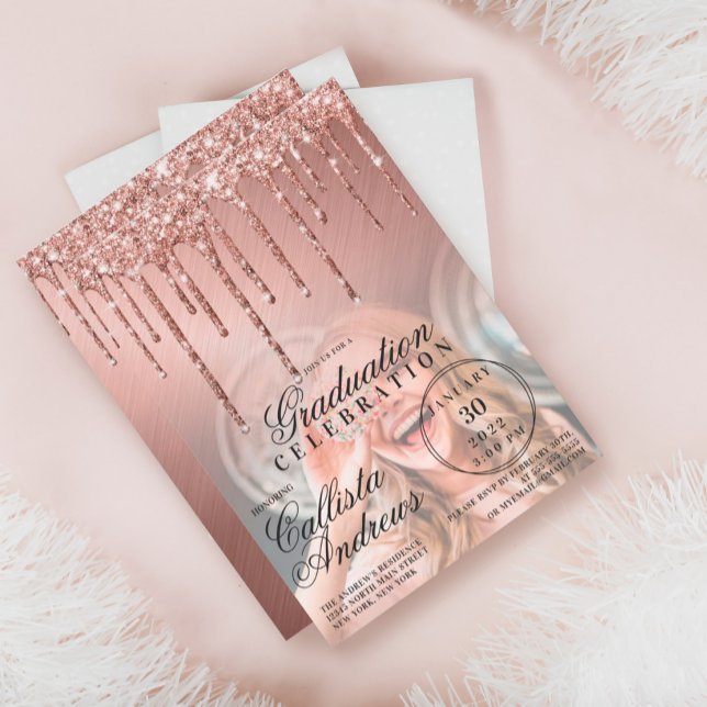 Rose Gold Metallic Glitter Drip Photo Graduation Invitation (Creator Uploaded)