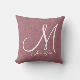 Rose gold metallic glitter white Monogram Cushion