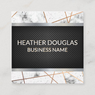 Rose Gold Metallic Lines Marble   Black Mesh Square Business Card