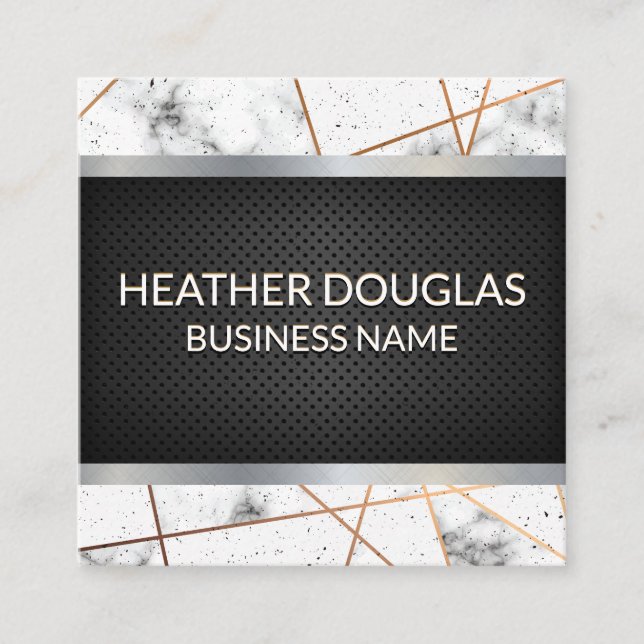 Rose Gold Metallic Lines Marble | Black Mesh Square Business Card (Front)