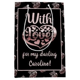 Rose gold metallic look Valentine heart love black Medium Gift Bag