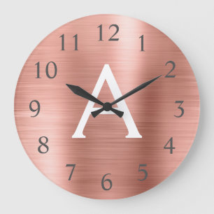 Rose Gold Metallic Monogram Name & Initial Large Clock