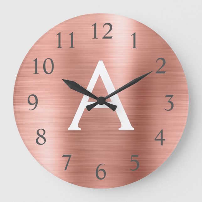 Rose Gold Metallic Monogram Name & Initial Large Clock (Front)