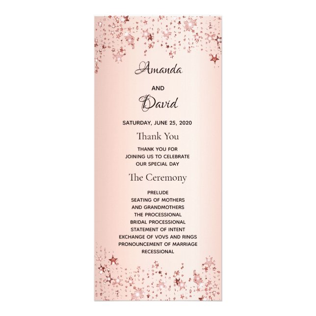 Rose gold metallic stars wedding program rack card (Front)