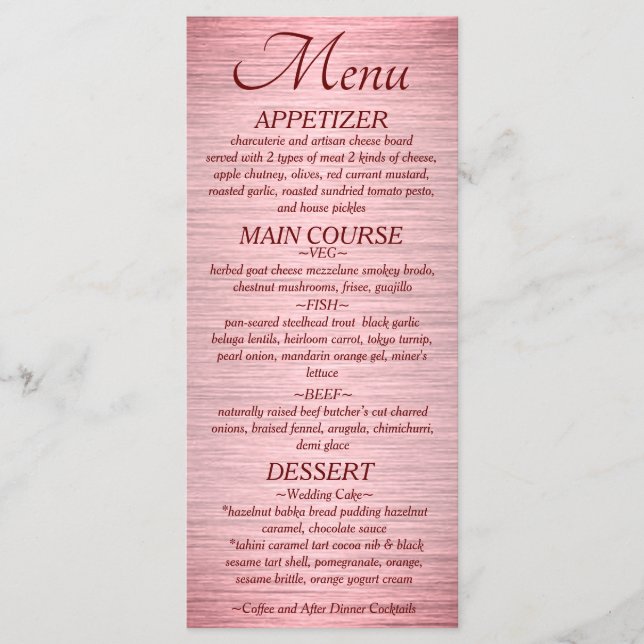 Rose Gold Metallic Wedding Reception Menu (Front)