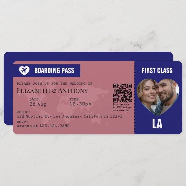 Rose Gold & Midnight Blue Boarding Pass Wedding Invitation (Front/Back)