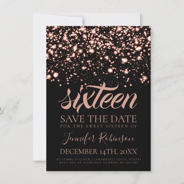 Rose Gold Midnight Glam Sweet 16 Birthday Party Save The Date (Front)