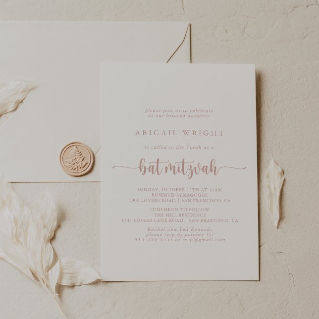 Rose Gold Minimalist Calligraphy Bat Mitzvah  Invitation (Creator Uploaded)