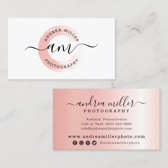 Rose Gold Minimalist Paint Swash Logo Social Media Business Card (Front/Back)