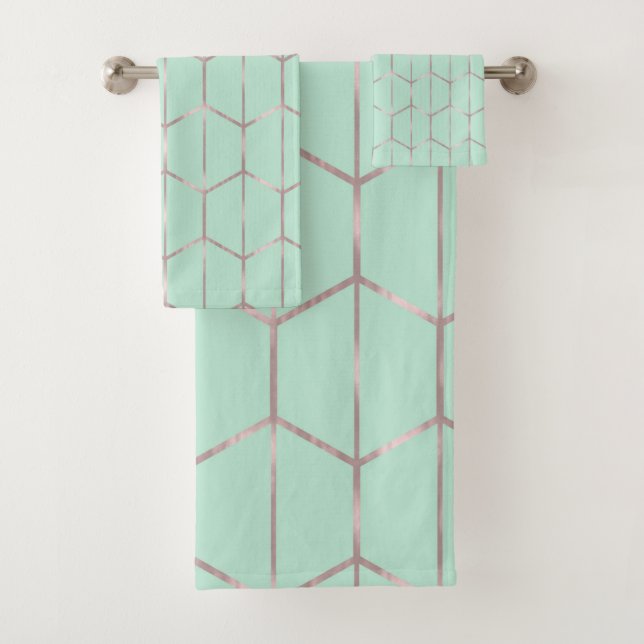 Rose Gold & Mint Chic Hexagon Geometric Glam Bath Towel Set (Insitu)