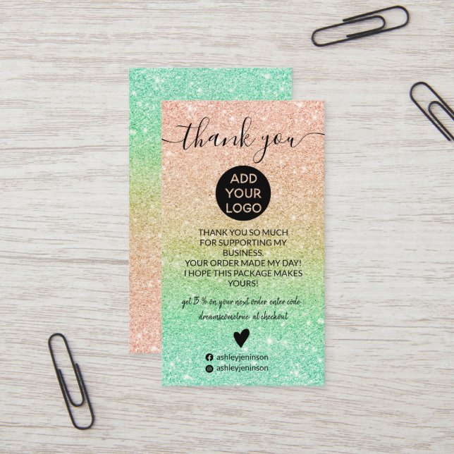 Rose gold mint glitter sparkles order thank you business card (Front/Back In Situ)