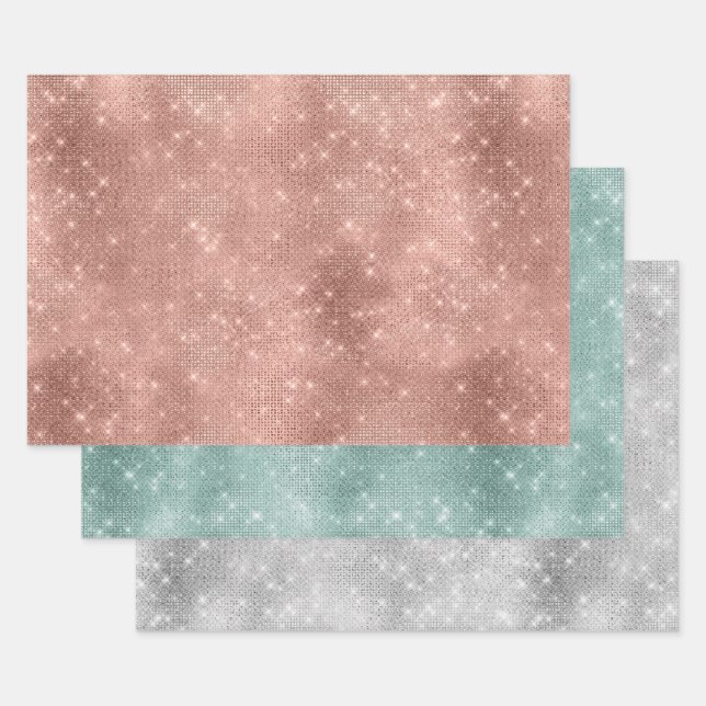 Rose Gold Mint Silver Sparkle Glitz  Wrapping Paper Sheet (Set)