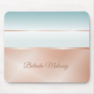 Rose Gold Mint Stripes Monogram Mouse Pad