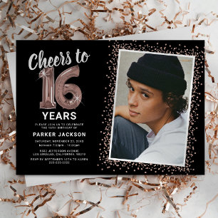 Rose Gold Modern 16th Birthday Photo Invitation