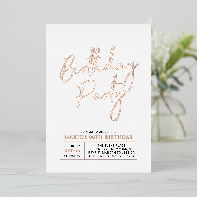 Rose Gold Modern Brush Script Adult Birthday Party (Standing Front)