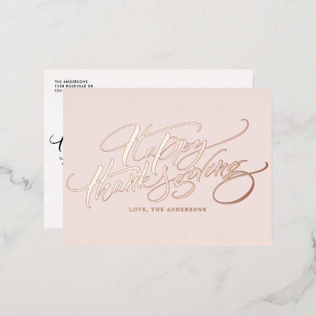 Rose Gold Modern Calligraphy Happy Thanksgiving Foil Holiday Postcard (Front/Back)