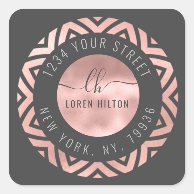 Rose gold modern circle monogram return address square sticker (Front)