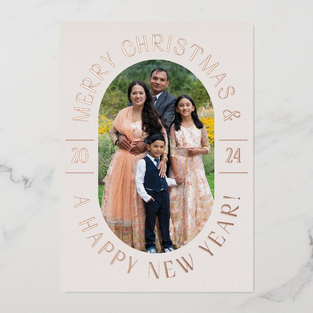Rose Gold Modern Classic Oval Photo Christmas Card (Front)