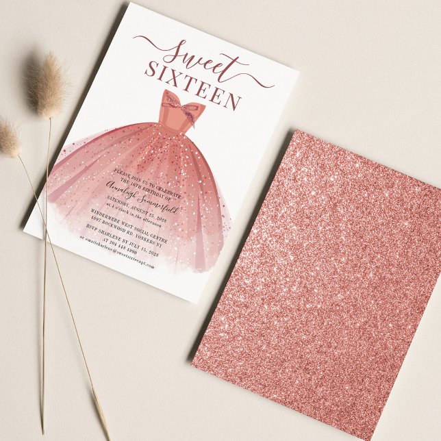 Rose Gold Modern Dress Glitter Sweet 16 Script Invitation (Sweet 16 Rose Gold Birthday Party Invitation)