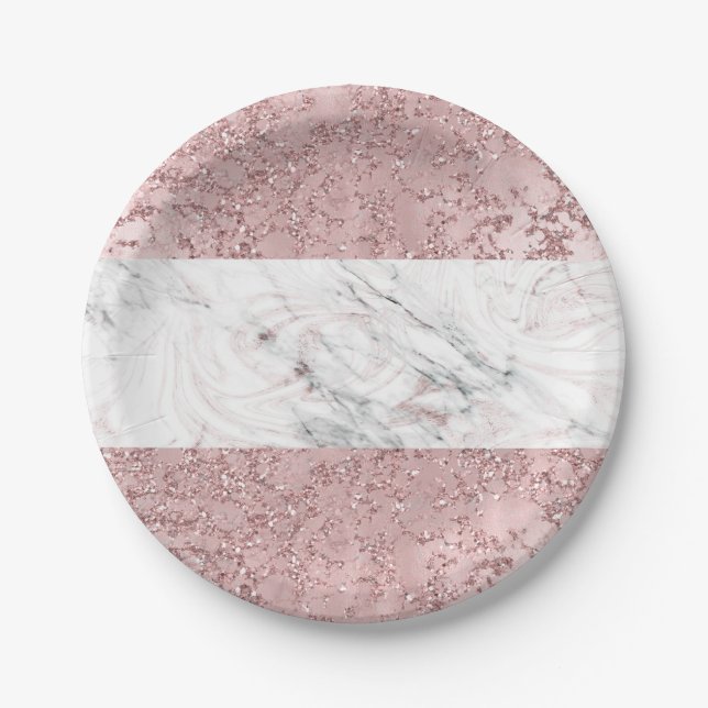 Rose Gold Modern Glam Marble & Glitter Decorative Paper Plate (Front)