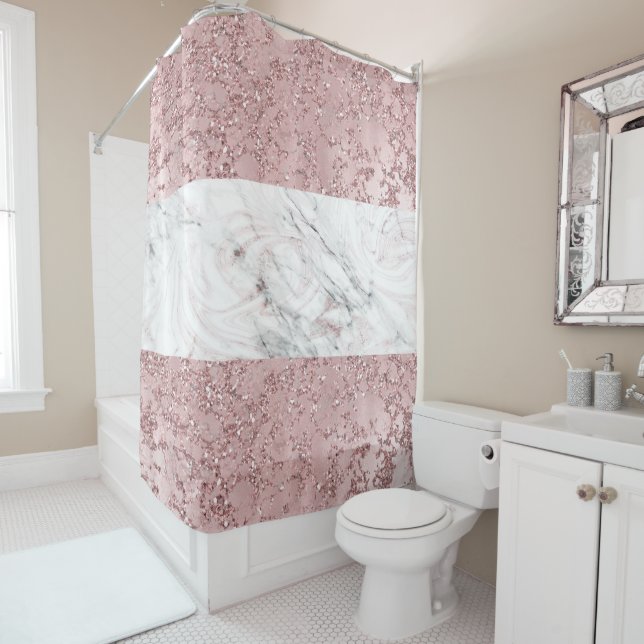 Rose Gold Modern Glam Marble & Glitter Decorative Shower Curtain (In Situ)