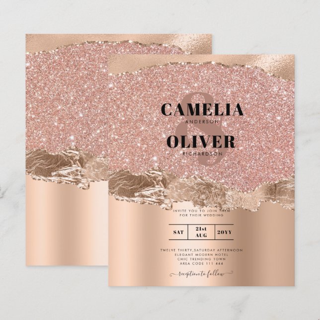 Rose Gold Modern Glamour Wedding Invite (Front/Back)