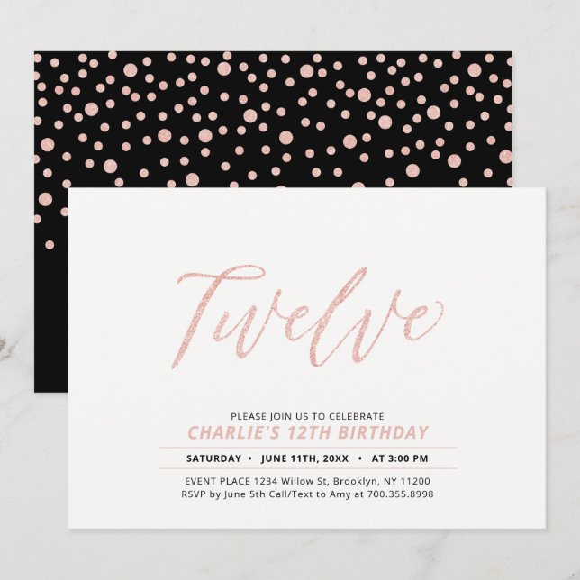 Rose Gold Modern Lettering 12th Birthday Party Invitation (Front/Back)