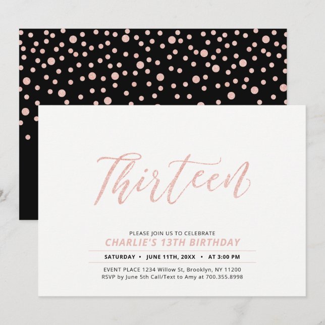 Rose Gold Modern Lettering 13th Birthday Party Invitation (Front/Back)