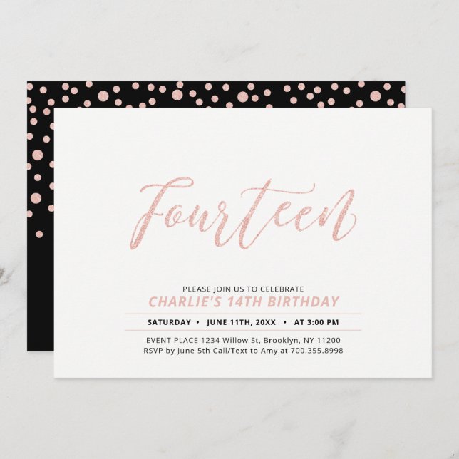 Rose Gold Modern Lettering 14th Birthday Party Invitation (Front/Back)