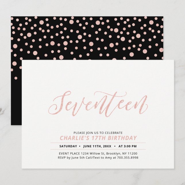 Rose Gold Modern Lettering 17th Birthday Party Invitation (Front/Back)
