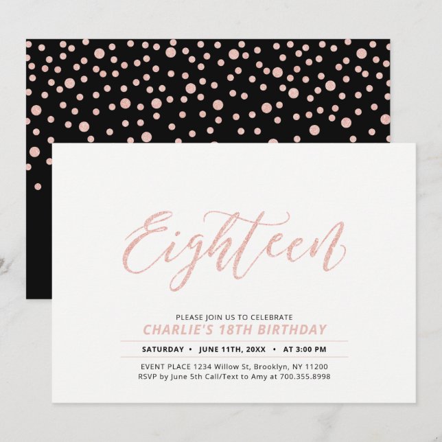 Rose Gold Modern Lettering 18th Birthday Party Invitation (Front/Back)