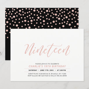 Rose Gold Modern Lettering 19th Birthday Party Invitation