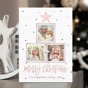 Rose Gold   Modern Merry Christmas 3 Photo Holiday Card