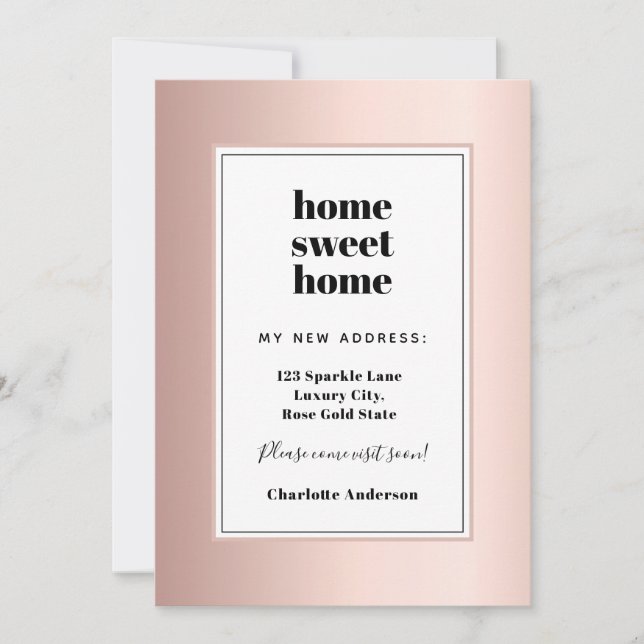 Rose gold modern minimalist home sweet home moving announcement (Front)