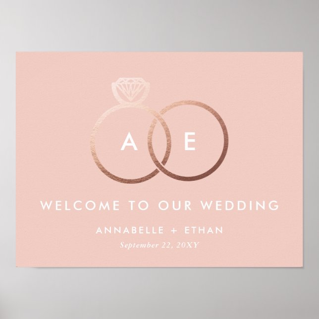 Rose Gold Modern Rings Blush Wedding Welcome Sign (Front)