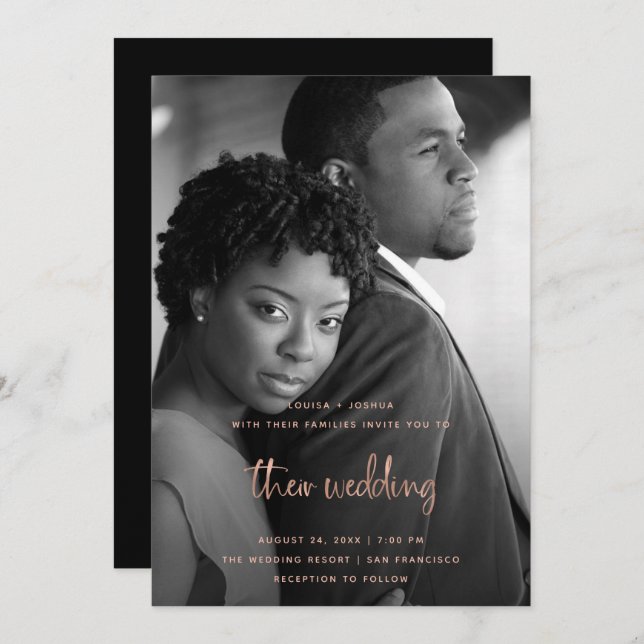 Rose Gold Modern Script with Photo | Wedding Invitation (Front/Back)