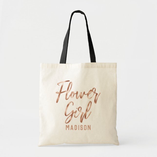 Rose Gold Modern Typography Wedding Flower Girl Tote Bag (Front)