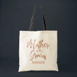 Rose Gold Modern Wedding Mother of the Groom Tote Bag<br><div class="desc">Chic Rose Gold Modern Typography and Customisable Background Colour! Choose any custom colour by clicking the "customise further" link below the text personalisation areas. Scroll down on the right side of the editor past the text and images and pick from the colours or enter your custom colour code! Stylish Wedding...</div>