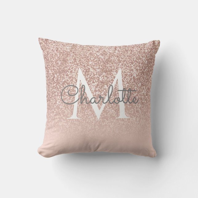 Rose Gold Monogram Blush Pink Girly Script Throw Cushion (Front)