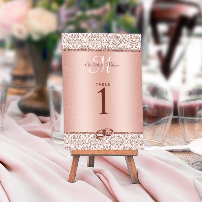 Rose Gold Monogram Damask Glitter Elegant Wedding Table Number (Creator Uploaded)