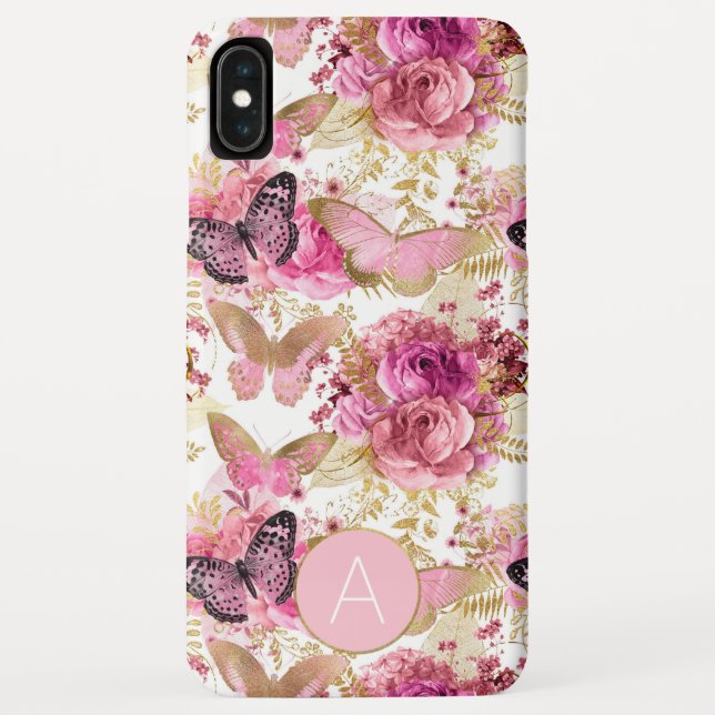 Rose Gold Monogram Floral Butterfly Pattern Case-Mate iPhone Case (Back)